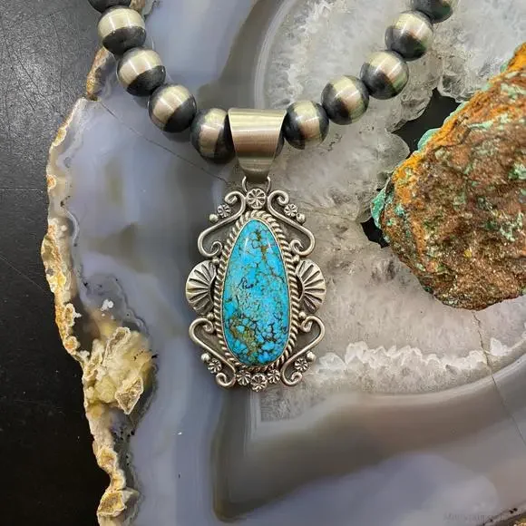 Mary Ann Spencer Sterling Silver Elongated Kingman Turquoise Decorated Pendant - Picture 2 of 10